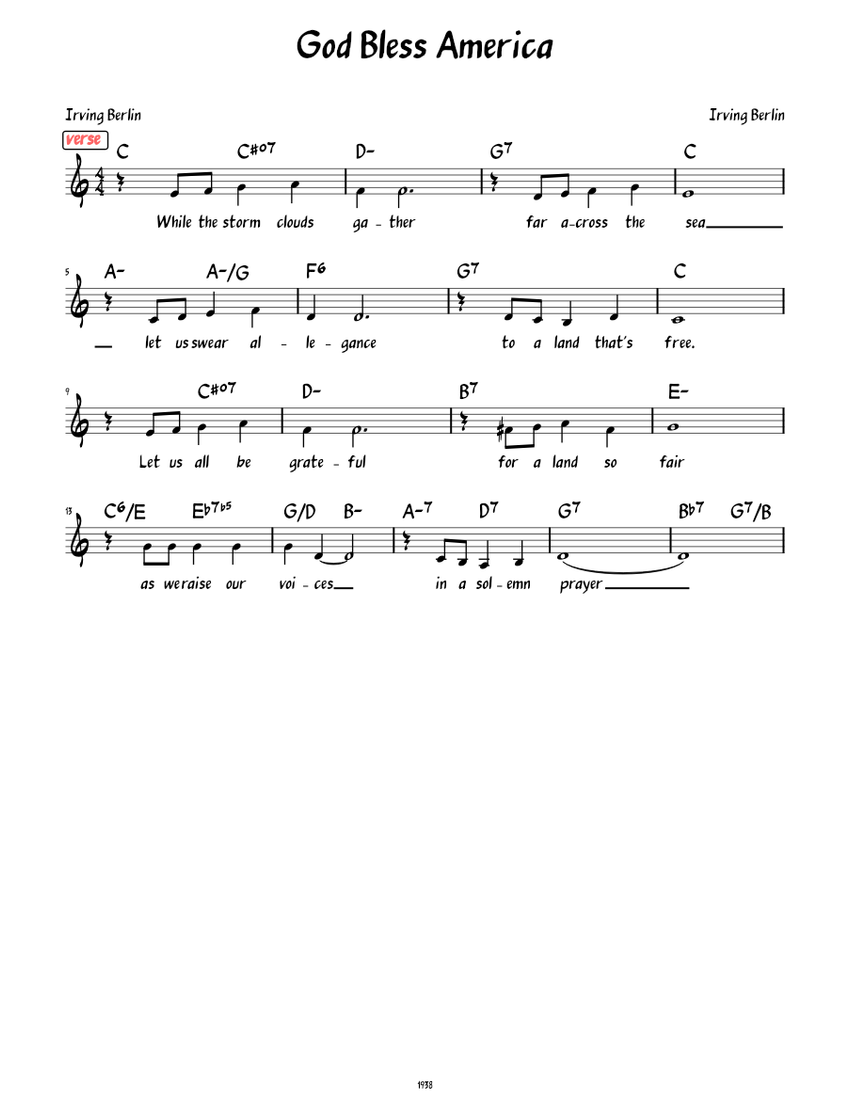 God Bless America (lead sheet with lyrics and verse) Sheet Music with