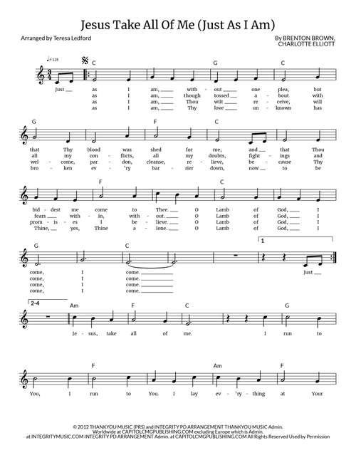 Jesus Take All Of Me (Just As I Am) (Arr. Teresa Ledford) - Brenton Brown (Lead Sheet - Fake Book)