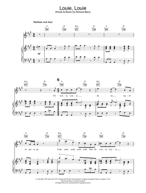 Louie, Louie - The Kingsmen (Piano-Vocal-Guitar)