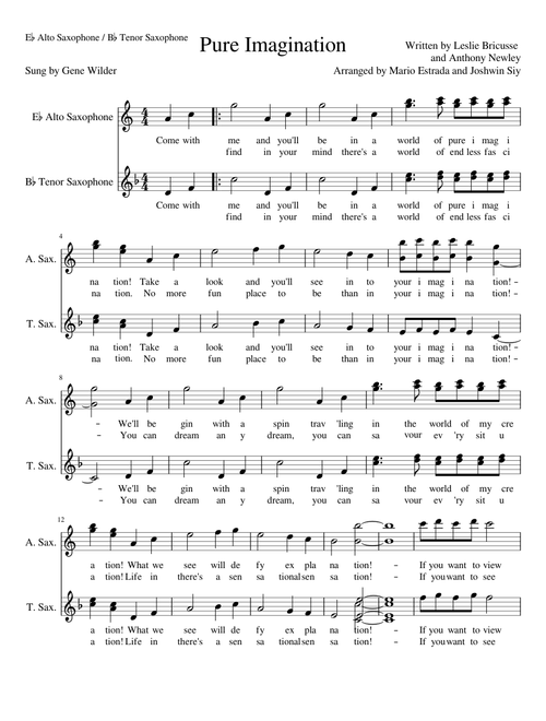 Pure Imagination Duet for Alto Saxophone and Tenor Saxophone