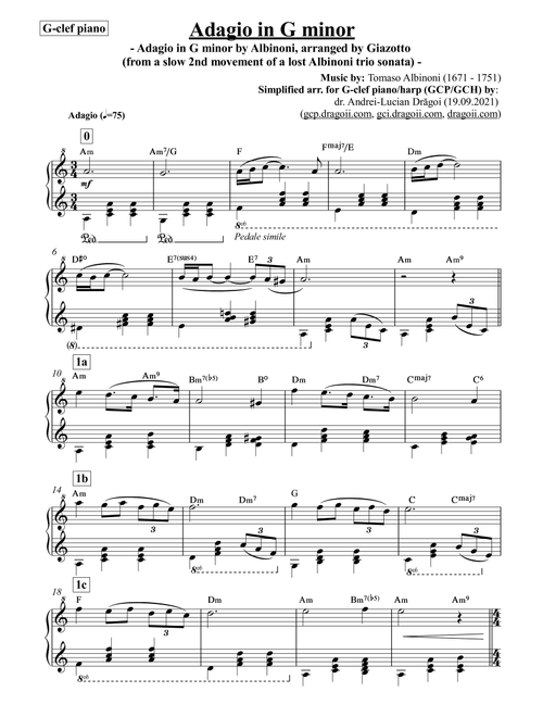 Albinoni (Tomaso) - Adagio in G minor - simplified arr. in A minor for G-clef piano/harp (GCP/GCH) (Arr. Andrei-Lucian Dragoi) - Tomaso Albinoni (Large Ensemble)
