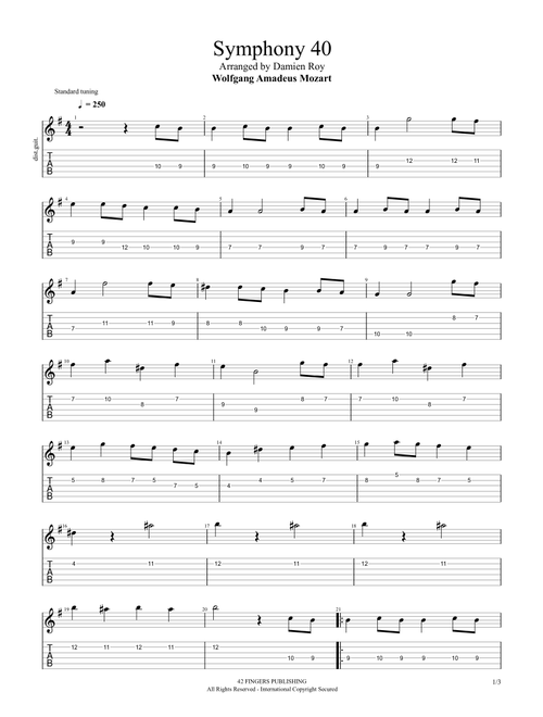 SYMPHONY 40 (EXCERPT) KV 550 ARRANGED IN Em by WOLFGANG AMADEUS MOZART FOR ELECTRIC GUITAR (Arr. Damien Roy) (Guitar Tab)