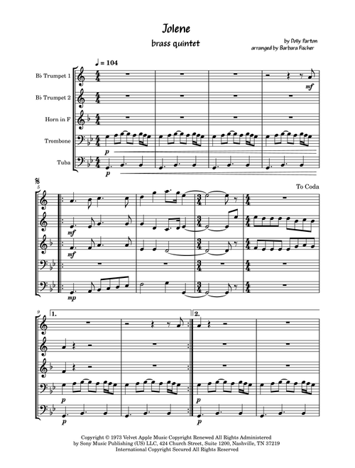 Jolene (Arr. Barbara Fischer) - Dolly Parton (Brass Ensemble)