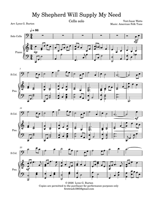 My Shepherd Will Supply My Need (Arr. Lynn G. Burton) - Isaac Watts/American folk tune (Cello and Piano)