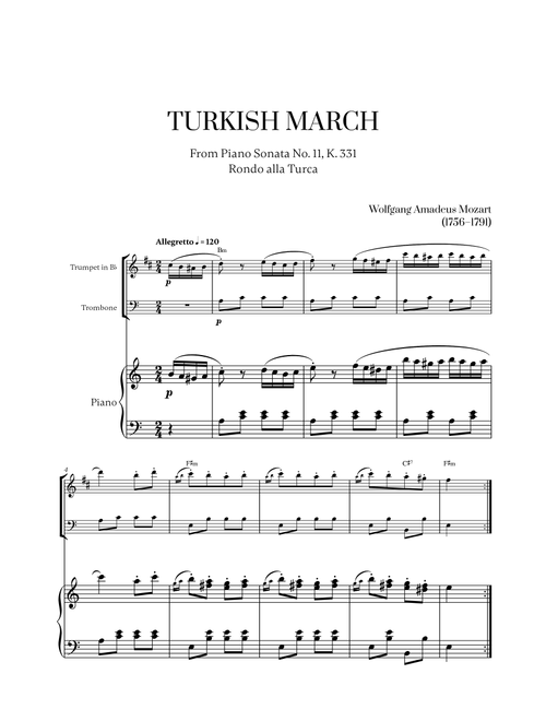 W. A. Mozart - Turkish March (Alla Turca) for Trumpet in Bb, Trombone and Piano (Arr. Cadenza Editions) (Instrumental Duet and Piano)
