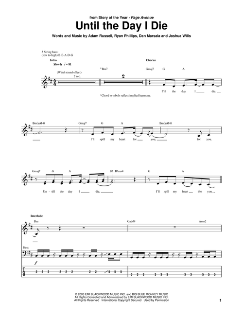 Until The Day I Die - Story Of The Year (Bass Tab)