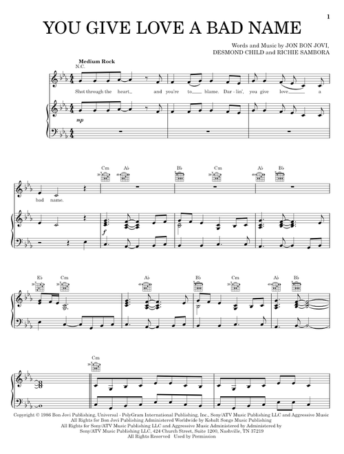 You Give Love A Bad Name - Bon Jovi, Desmond Child (Piano-Vocal-Guitar)