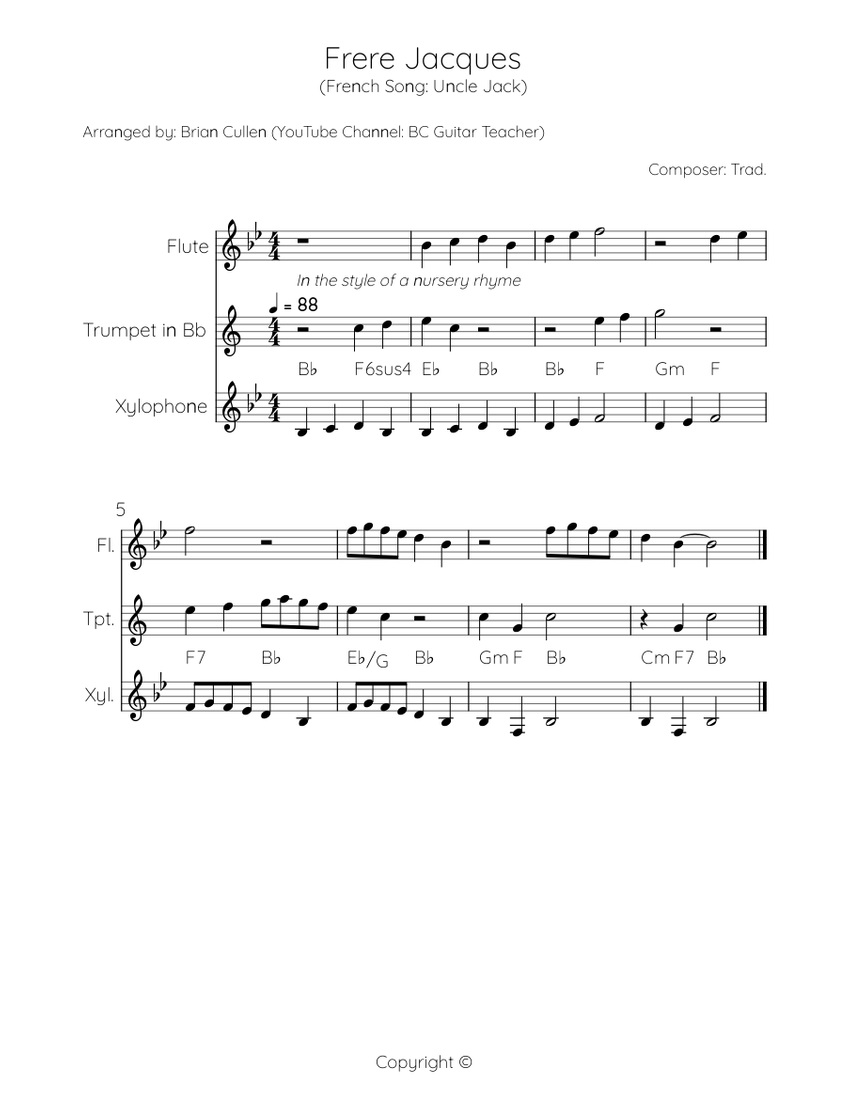 Frere jacques – Misc Traditional Sheet music for Flute, Xylophone ...