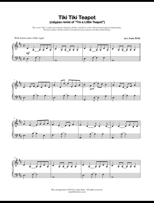 Tiki Tiki Teapot (calypso remix of "I'm a Little Teapot") - early intermediate version (Arr. Anne Britt) (Piano Solo)