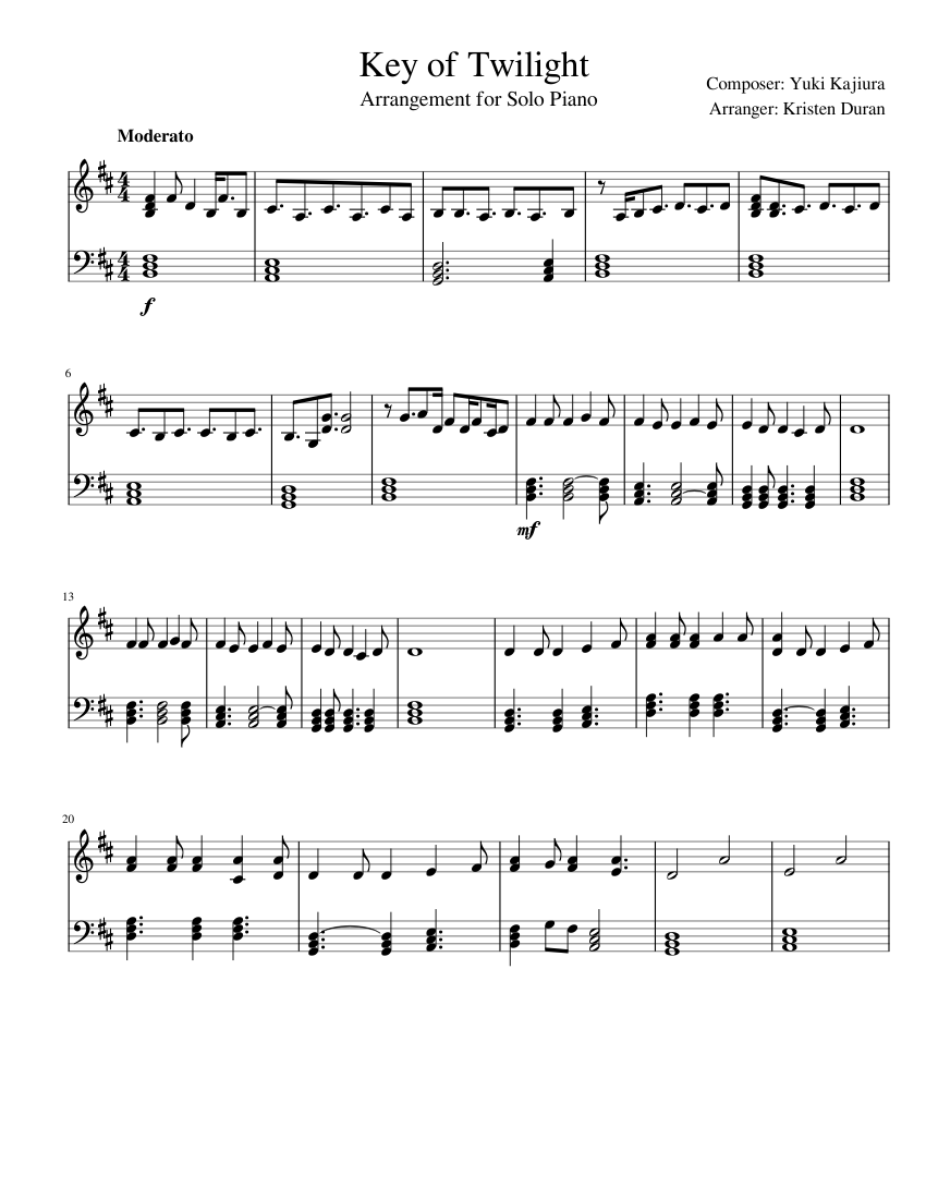 Key of Twilight: Arrangement for Solo Piano Sheet music for Piano (Solo) |  