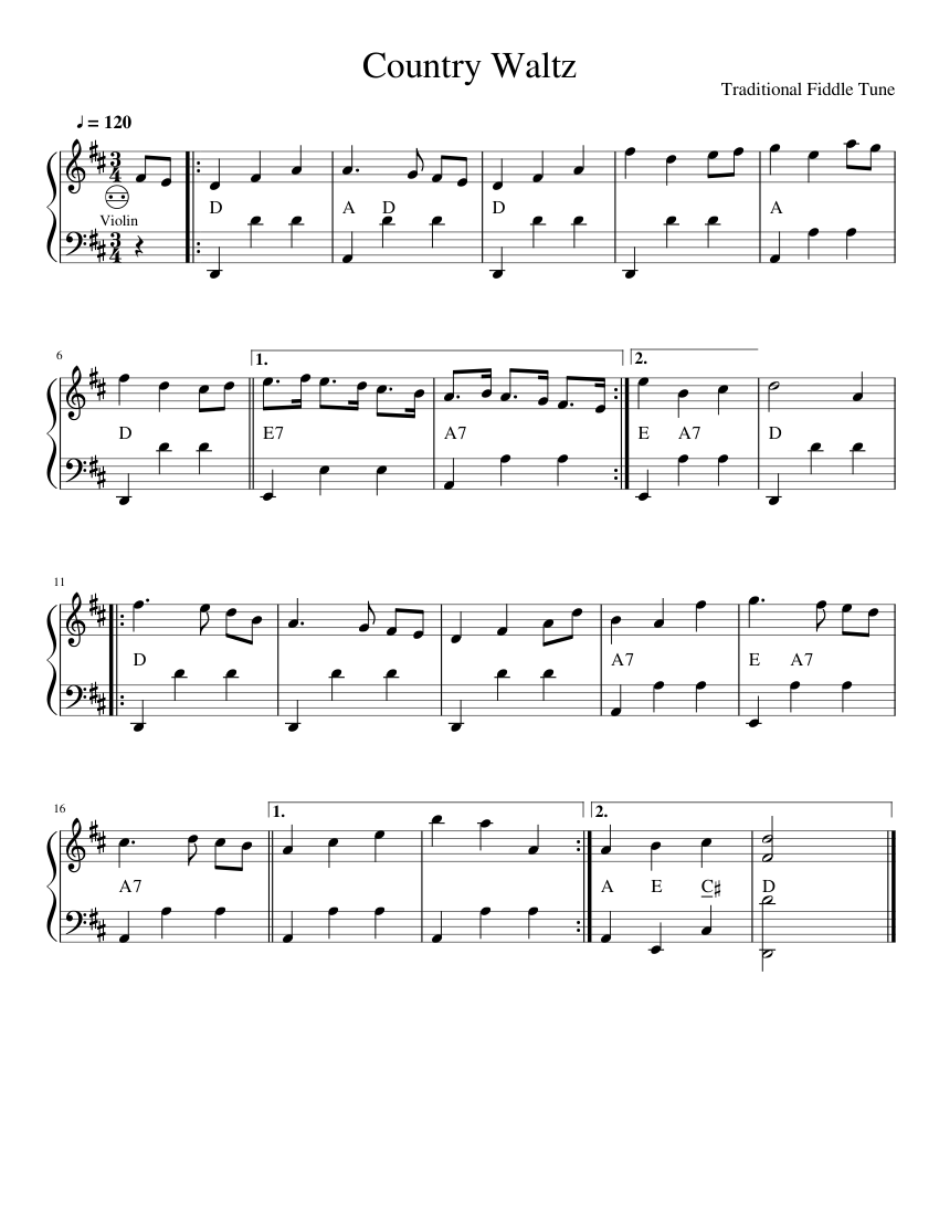 Country Waltz Sheet Music with Chords for Piano (Solo) Easy
