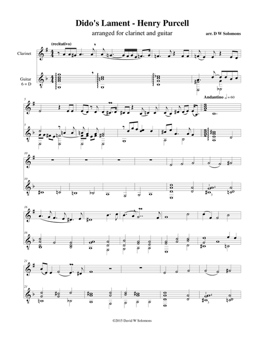 Dido's Lament - When I am laid in earth - arranged for clarinet and guitar (Arr. David Warin Solomons) - Henry Purcell (Instrumental Duet)