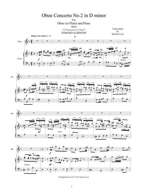 Albinoni - Oboe Concerto No.2 in D minor Op.9 for Oboe or Flute and Piano (Arr. Santino Cara) - Albinoni Tomaso (Oboe and Piano)