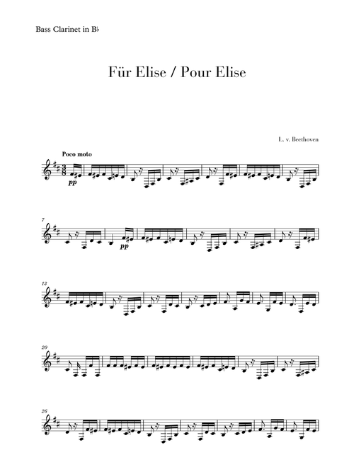 Pour Elise (Für Elise) for Bass Clarinet (Arr. Cadenza Editions) - Ludwig van Beethoven (Clarinet Solo)