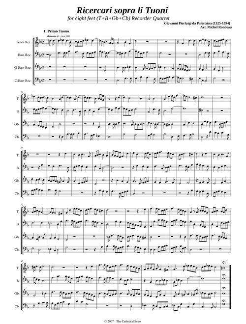 Palestrina, G. P. da _ Ricercari sopra li Tuoni [8ft Recorder Quartet]