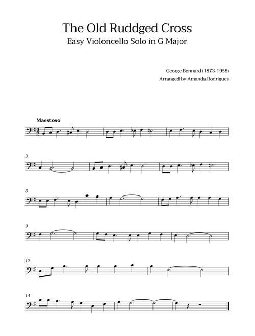 The Old Rugged Croos in G Major - Easy Violoncello Solo (Arr. Amanda Cerqueira Rodrigues) - George Bennard (Cello Solo)