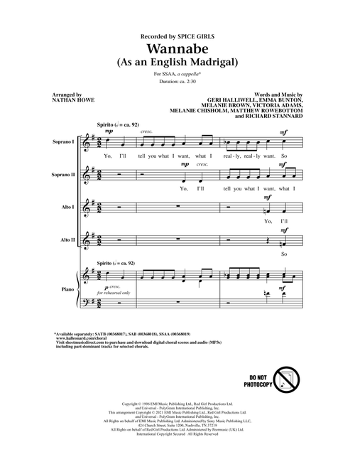 Wannabe (As an English Madrigal) (arr. Nathan Howe) - Spice Girls (Choral, SSAA)