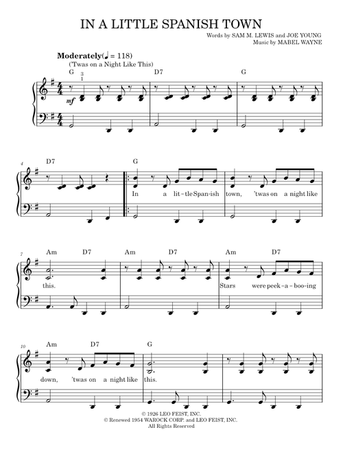 In A Little Spanish Town ('Twas On A Night Like This) - Peter Bernard, E.Ray Goetz, Joe Young, Pete (Easy Piano)