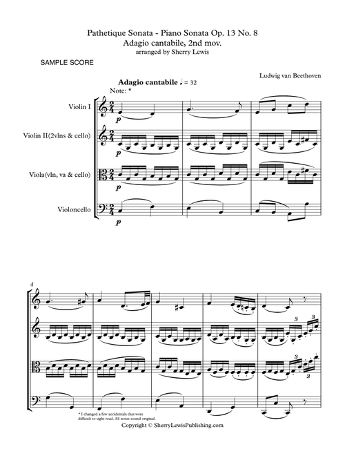 PATHETIQUE SONATA,  Adagio cantabile, 2nd mov. Op. 13, No. 8 String Trio, Intermediate Level for 2 v (Arr. Sherry Lewis) - L. Van Beethoven (String Ensemble)
