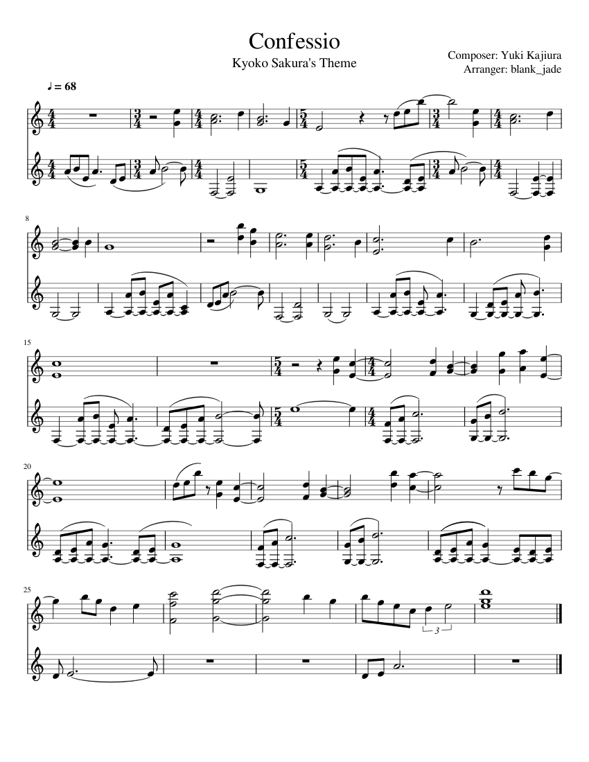 Confessio (Kyoko Sakura's Theme) Sheet Music for Piano (Solo) easy