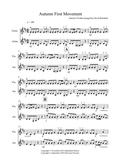 Autumn "Four Seasons" for Violin and Guitar Duet (Arr. David Burndrett) - Antonio Vivaldi (Instrumental Duet)