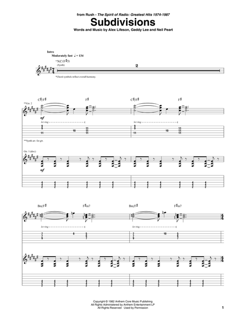 Subdivisions - Rush (Guitar Tab)