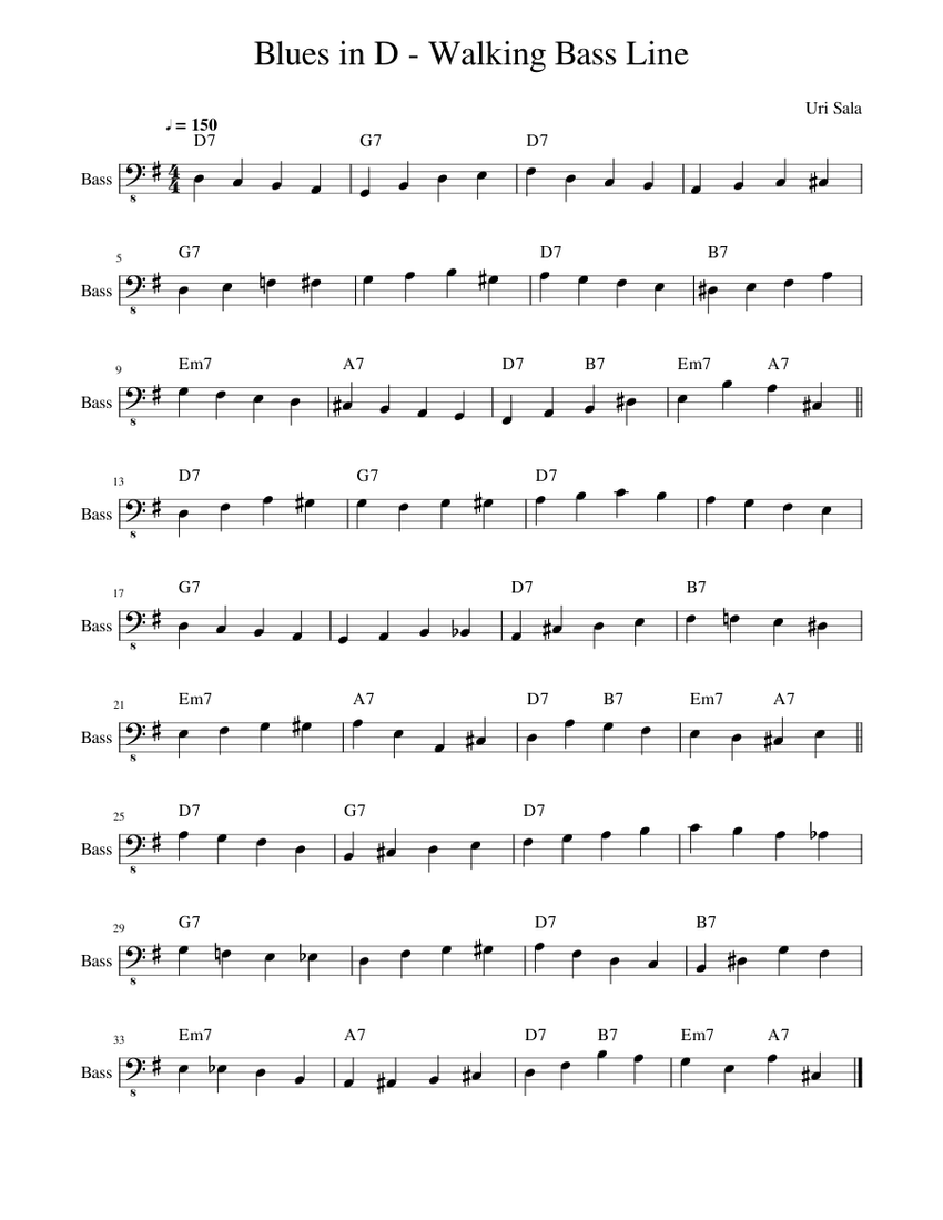 Blues in D - Walking Bass Line Sheet Music with Chords for Bass guitar ...