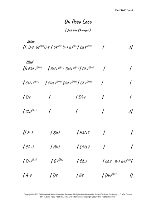 Un Poco Loco (Arr. Bronson Ferdinand Wright) - Bud Powell (Lead Sheet - Fake Book)