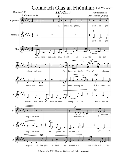 Coinleach Glas an Fhómhair (1st Version) (Arr. Thomas Quigley) - Irish Traditional (Choral, SSA)