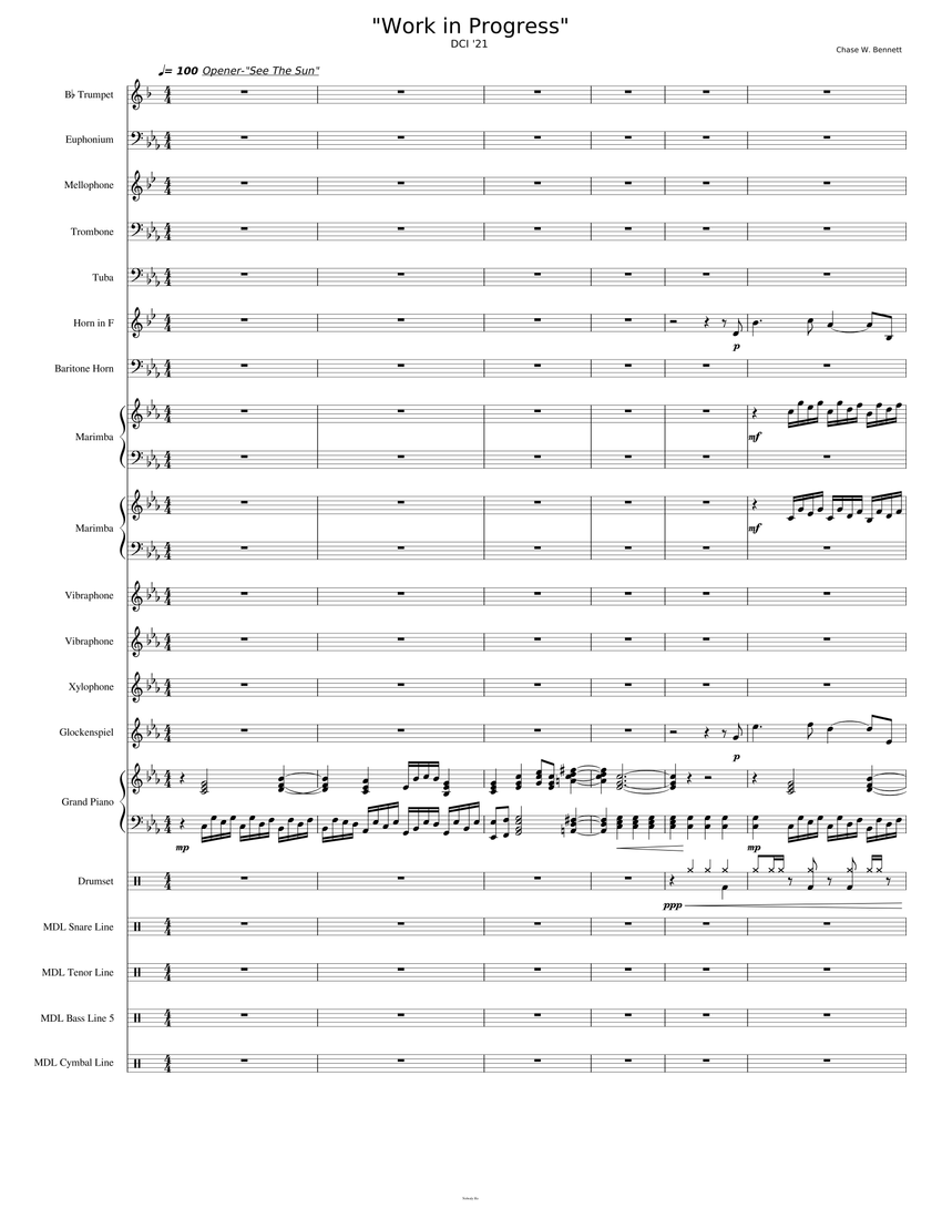 Work in Progress Sheet Music with Chords for Piano, Trombone, Euphonium ...