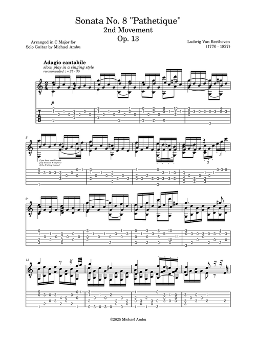 Sonata No. 8 "Pathetique” (Opus 13) 2nd Movement (C major) (Arr. Michael Ambu) - Ludwig Van Beethoven (Guitar Tab)