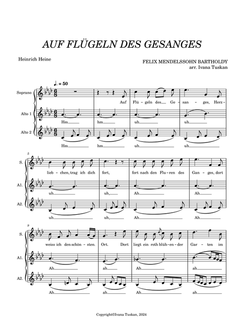 Auf Flügeln des Gesanges (Arr. Ivana Tuskan) - Felix Mendelssohn Bartholdy (Choral, SAA)