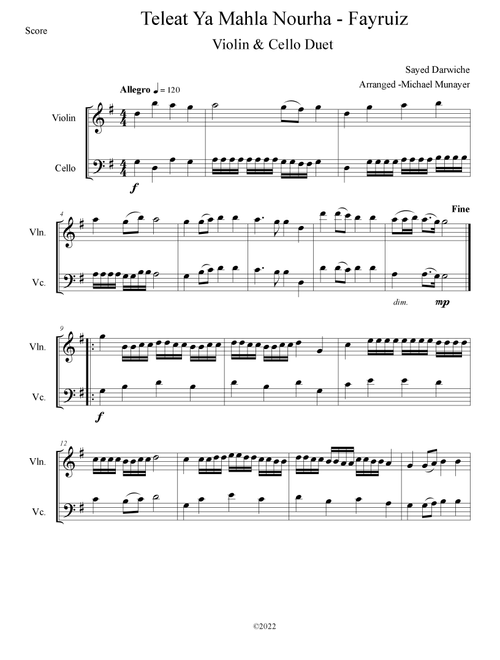 Tealt Ya Mahla Nourha - by the Labanese Singer Fairuz (Arr. Michael S Munayer) - Sayed Darwiche (Instrumental Duet)