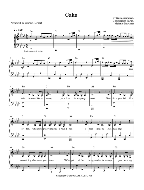 Cake (Arr. Johnny Herbert) - Melanie Martinez, Kara DioGuardi, Christopher Baran (Piano-Vocal-Guitar (Piano Accompaniment))