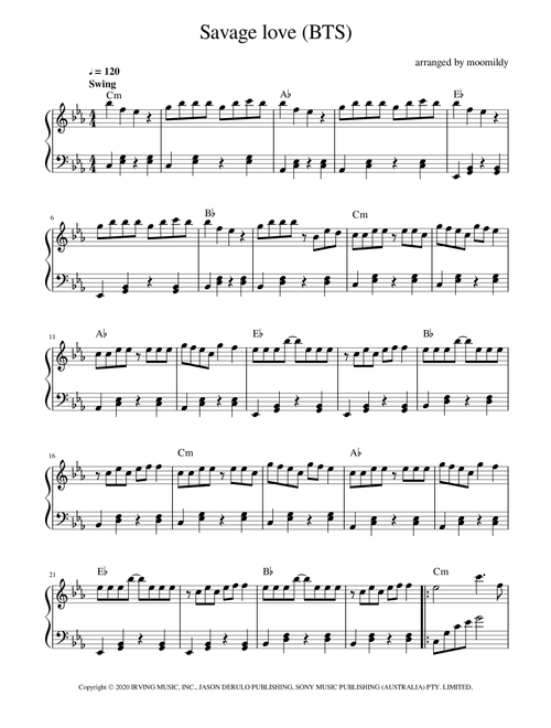 Savage Love (Arr. arranged by moomildy) - Jawsh 685 x Jason Derulo x BTS (Easy Piano)