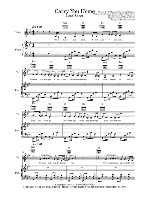 Carry You Home (Arr. Madeline J Stratford) - Alex Warren (Piano-Vocal-Guitar (Piano Accompaniment))