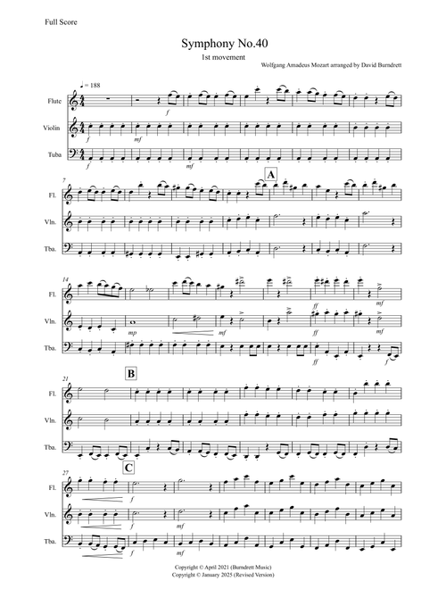 Symphony No.40 (1st movement) for Flute, Violin and Tuba Trio (Arr. David Burndrett) - Wolfgang Amadeus Mozart (Small Ensemble)