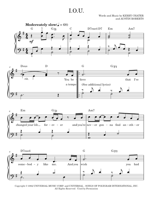 I.O.U. - Lee Greenwood (Easy Piano)