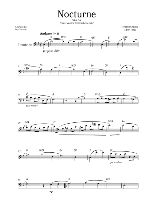 "Nocturne" (Chopin) - Beautiful EASY version for TROMBONE SOLO. (Arr. Iury Cardoso) - Frédéric Chopin (Trombone Solo)