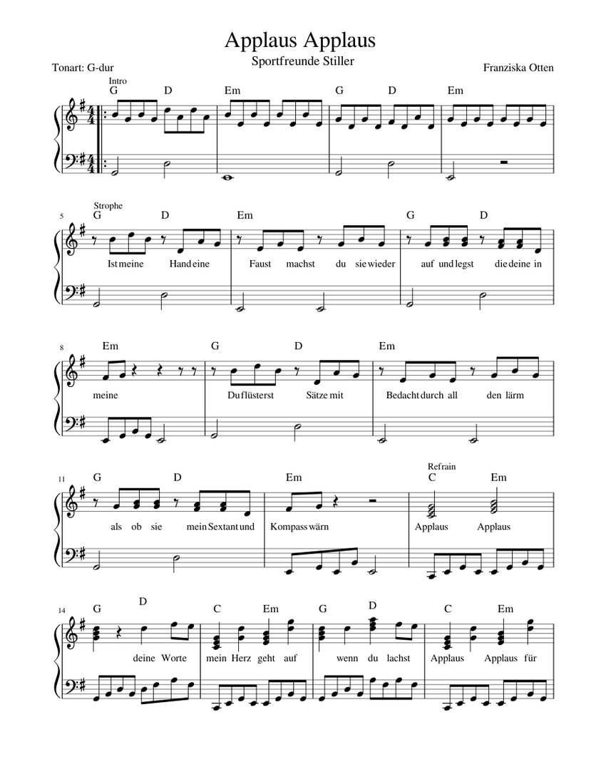 Applaus Applaus - Sportfreunde Stiller Sheet Music for Piano