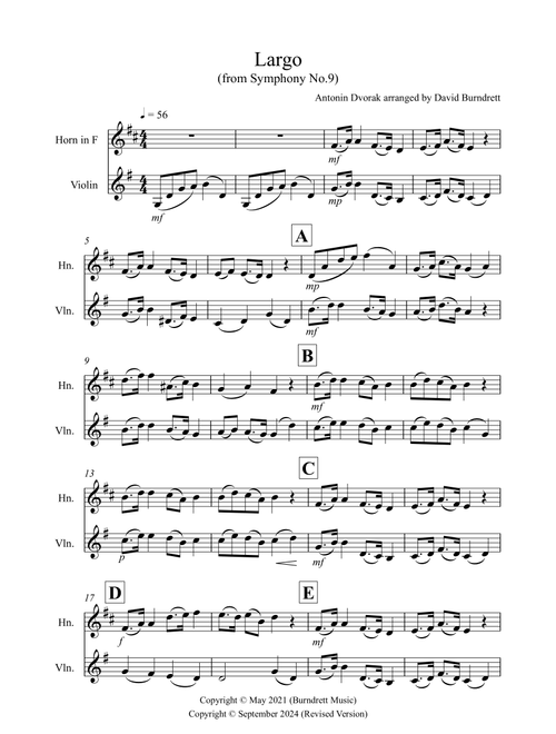 Largo (from The New Word) for Horn and Violin Duet (Arr. David Burndrett) - Antonin Dvorak (Instrumental Duet)