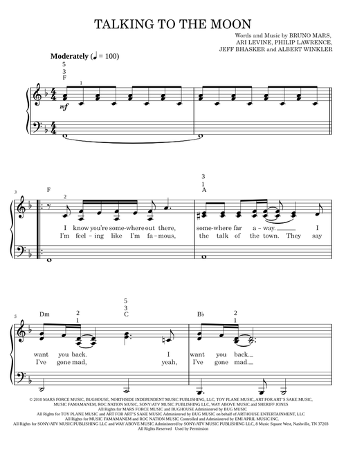 Talking to the moon - Bruno Mars (Easy Piano)