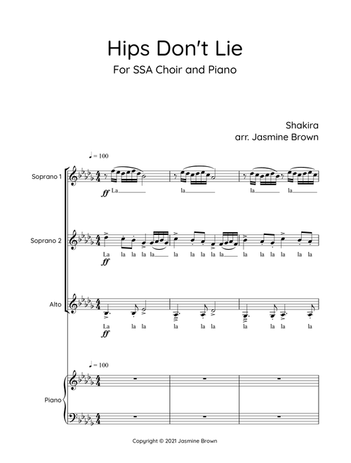 Hips Don't Lie (Arr. Jasmine Brown) - Shakira Featuring Wyclef Jean (Choral, SSA)