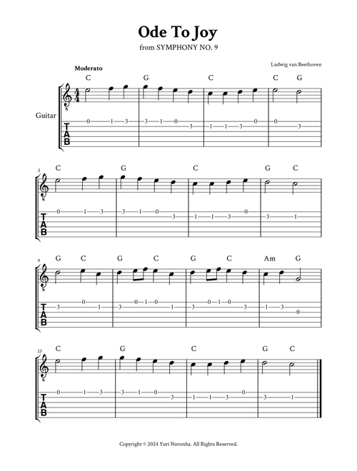 Ode To Joy - Easy Guitar (C Major - with TAB, Chords) (Arr. Yuri Noronha) - Ludwig van Beethoven (Easy Guitar with TAB)