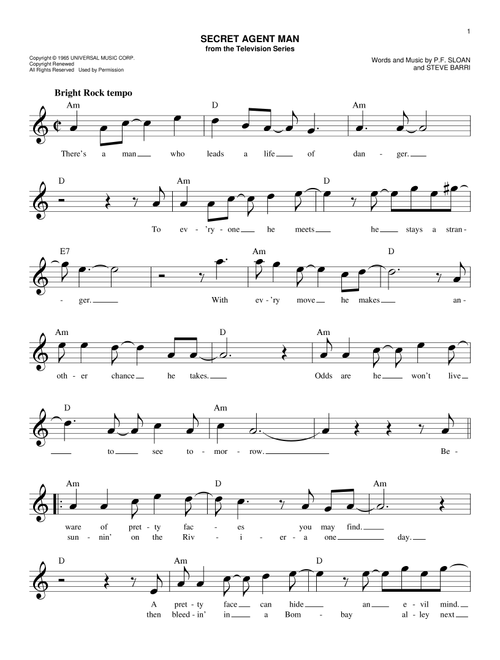 Secret Agent Man - Johnny Rivers (Easy Lead Sheet - Fake Book)