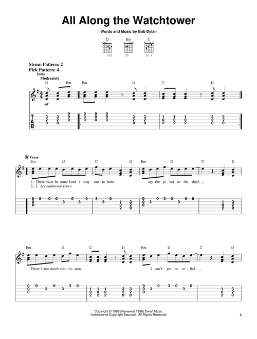 All Along The Watchtower - Bob Dylan, U2, Jimi Hendrix (Easy Guitar with TAB)