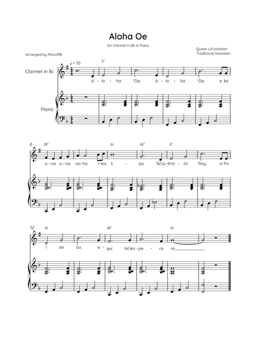 Aloha Oe - Clarinet in Bb & Piano in F Major Easy With Lyrics & Chords (Arr. MissoRB) - Queen Liliʻuokalani (Clarinet and Piano)