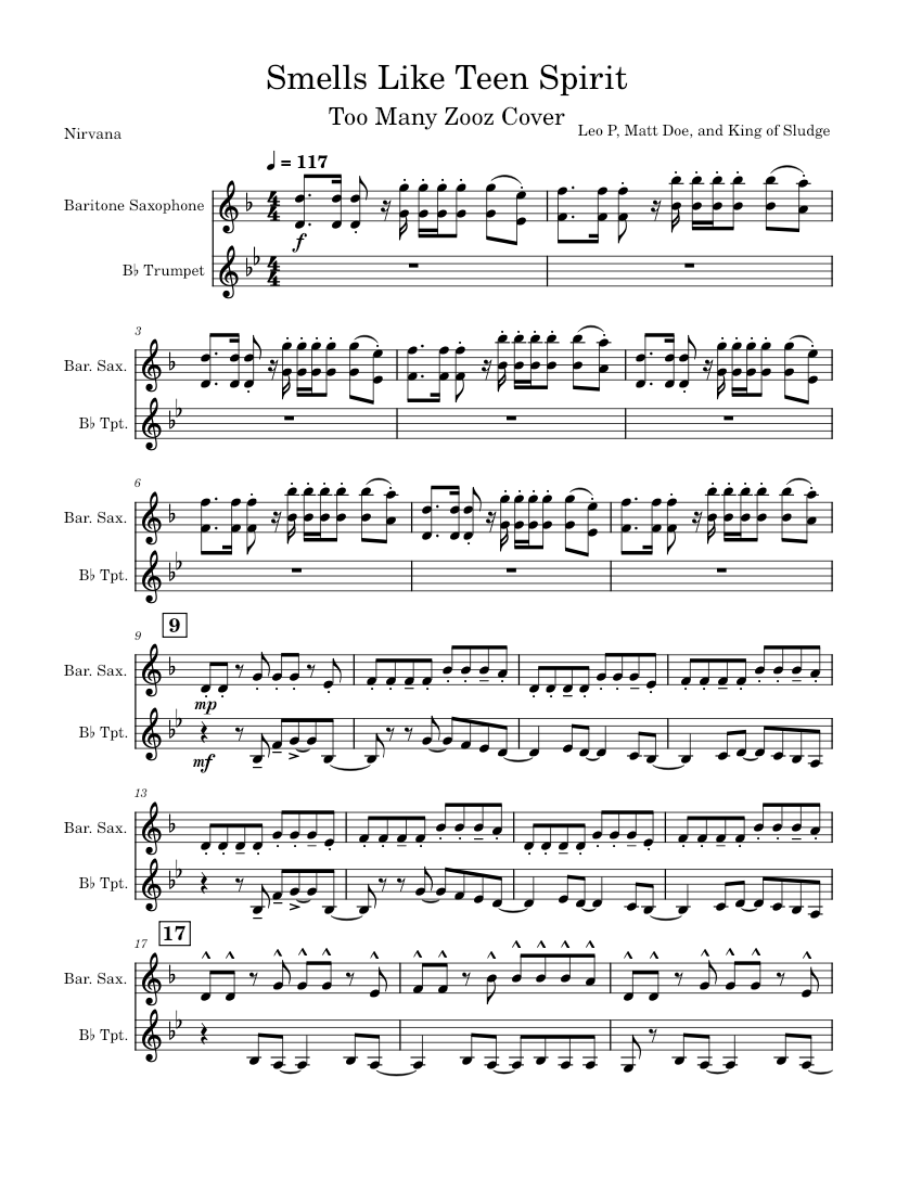 Smells Like Teen Spirit - Too Many Zooz Cover Sheet Music for