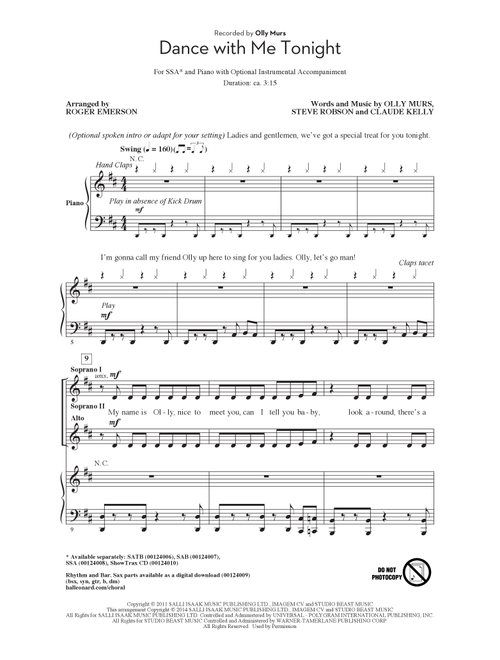 Dance With Me Tonight (Arr. Roger Emerson) - Steve Robson, Olly Murs, Claude Kelly (Choral, SSA)