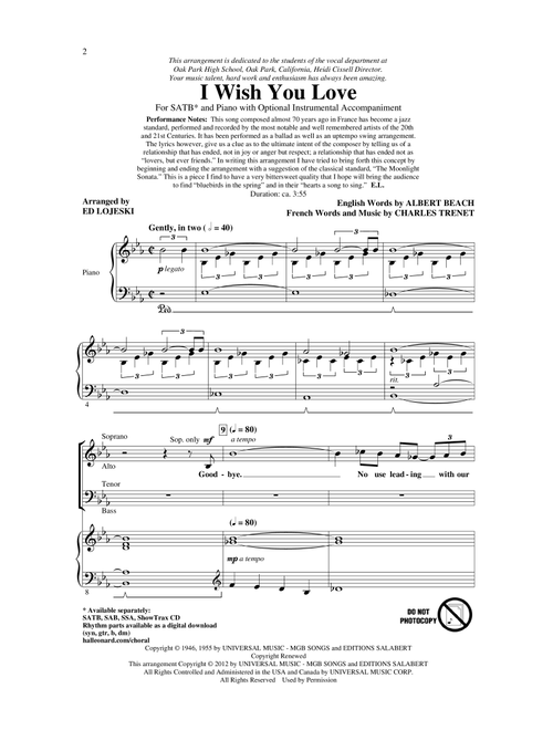 I Wish You Love (arr. Ed Lojeski) - Gloria Lynne, Charles Trenet, Albert A Beach (Choral, SATB)